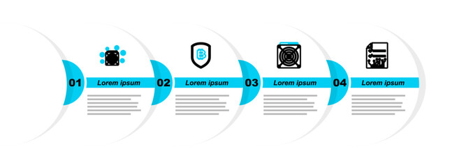 Poster - Set line Smart contract, ASIC Miner, Shield with bitcoin and icon. Vector