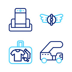 Poster - Set line Passenger ladder, Suitcase, Aviation emblem and Metal detector in airport icon. Vector