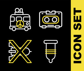 Sticker - Set line Retro audio cassette tape, Condom, No war and Hippie camper van icon. Vector