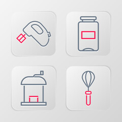 Wall Mural - Set line Kitchen whisk, Manual coffee grinder, Jam jar and Electric mixer icon. Vector