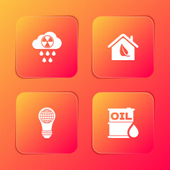 Poster - Set Acid rain and radioactive cloud, Eco friendly house, Light bulb with world globe and Oil barrel icon. Vector