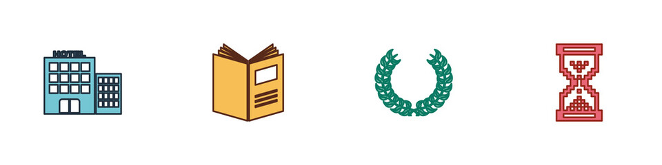 Sticker - Set Hotel building, Open book, Laurel wreath and Hourglass pixel icon. Vector