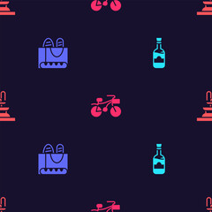 Poster - Set Bottles of wine, French baguette bread, Bicycle and Fountain on seamless pattern. Vector