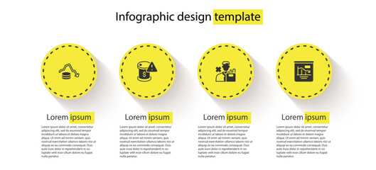 Poster - Set Dollar rate decrease, Drop in crude oil price, Employee dismissal and Pie chart infographic. Business infographic template. Vector