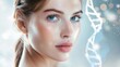 Close-up of a young woman face juxtaposed with a glowing DNA helix, symbolizing genetics and beauty.