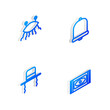 Set Isometric line Church bell, Pastafarianism, Orthodox jewish hat with sidelocks and Traditional carpet icon. Vector