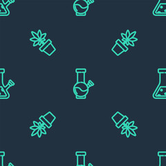 Poster - Set line Glass bong for smoking marijuana, Marijuana cannabis plant and on seamless pattern. Vector