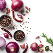 Fresh red onions, garlic, rosemary and spices on white background, flat lay. Space for text
