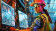 a cute woman in a hard hat and brightly colored vest working on two monitors,