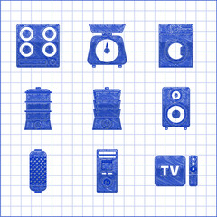 Canvas Print - Set Double boiler, Remote control, TV box receiver and player with remote controller, Stereo speaker, Washer and Gas stove icon. Vector