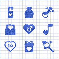 Sticker - Set Heart with male gender, Gift box heart, Search and love, Music note, tone hearts, Envelope Valentine, Bottle potion and Please do disturb icon. Vector