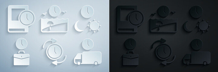 Poster - Set Clock with arrow, Day and night time, Work, Delivery, Vacation and Time for book icon. Vector