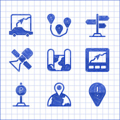 Wall Mural - Set Folded map, Location on the globe, with exclamation mark, Gps device, Parking, Satellite, Road traffic sign and City navigation icon. Vector