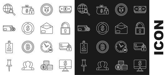 Poster - Set line Computer monitor with dollar symbol, Credit card lock, Lock, Coin money Yen, Envelope coin, Magnifying glass globe and icon. Vector