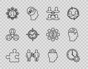 Poster - Set line Piece of puzzle, Time Management, Project team base, Target and check mark, Human with gear inside and head puzzles strategy icon. Vector