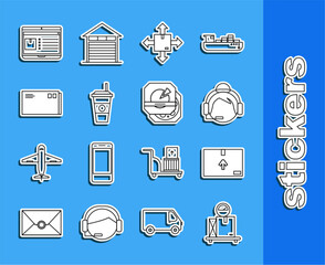 Poster - Set line Scale with cardboard box, Cardboard traffic symbol, Support operator in touch, Coffee cup, Envelope, Laptop app delivery tracking and Pizza icon. Vector