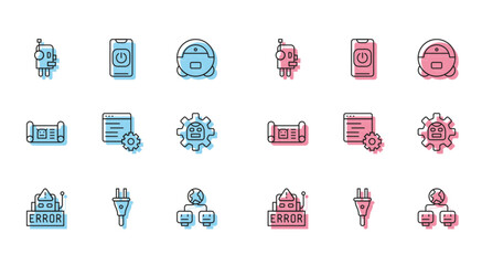 Sticker - Set line Error in robot, Electric plug, Robot, Artificial intelligence, Computer api interface, blueprint and Turn off from phone icon. Vector