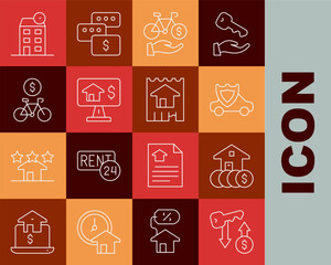 Canvas Print - Set line Rent key, House with dollar, Car shield, Bicycle rental mobile app, Online real estate, and icon. Vector