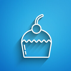 Poster - White line Cake icon isolated on blue background. Happy Birthday. Long shadow. Vector