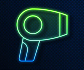 Poster - Glowing neon line Hair dryer icon isolated on blue background. Hairdryer sign. Hair drying symbol. Blowing hot air. Vector