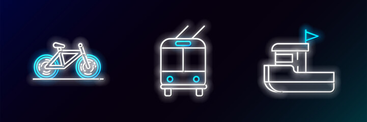 Poster - Set line Fishing boat, Bicycle and Trolleybus icon. Glowing neon. Vector