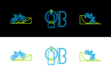 Sticker - Set line Bicycle on street ramp, and Diving mask and aqualung icon. Vector