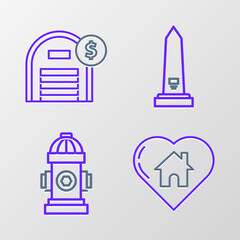 Sticker - Set line House with heart shape, Fire hydrant, Washington monument and Warehouse dollar symbol icon. Vector