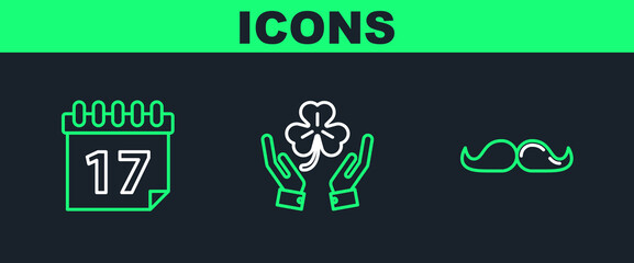 Sticker - Set line Mustache, Saint Patrick's day with calendar and Human hands holding four leaf clover icon. Vector