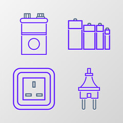 Poster - Set line Electric plug, Electrical outlet, Battery and Car battery icon. Vector