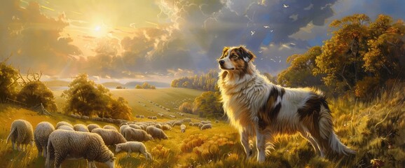 Wall Mural - australian shepherd dog and sheep on a farm - dog is grazing - herding the sheep