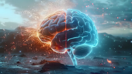 UXUI development concept, Graphic of a futuristic brain with user experience design and user interface design separated