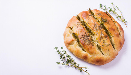 Wall Mural - Fresh focaccia with herbs on white table. Classic Italian bread. Tasty food. Baked goods. Top view.