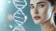 A woman gazes forward with a digital rendering of a DNA double helix superimposed near her face, suggesting biotechnology research.