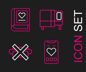 Canvas Print - Set line Mobile with heart rate, No junk food, Bed and Medical book icon. Vector