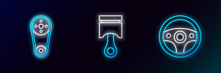 Sticker - Set line Steering wheel, Timing belt kit and Engine piston icon. Glowing neon. Vector