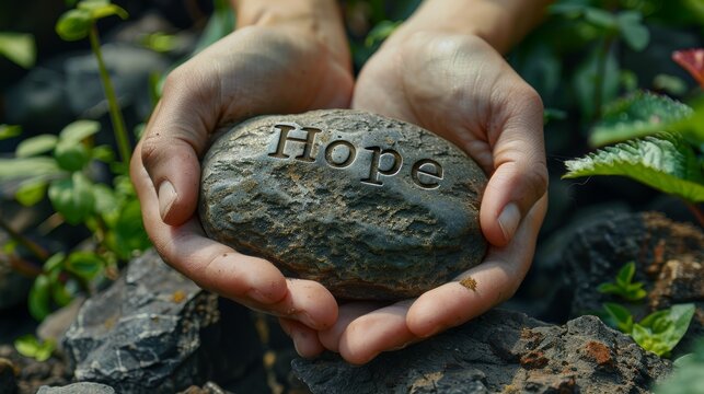 Close-up of two hands gently holding a stone inscribed with the word 'Hope', surrounded by vibrant green plants.