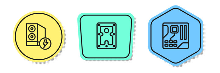 Poster - Set line Case of computer, Hard disk drive HDD and Motherboard digital chip. Colored shapes. Vector