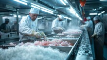 A Man Is Working In A Meat Processing Plant