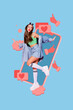 © deagreez - Vertical photo collage of happy girl stand big iphone screen reaction heart feedback thumb up blogging like isolated on painted background