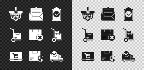 Wall Mural - Set Add to Shopping basket, Envelope, Verification of delivery list clipboard, cart laptop, Delivery security with shield, truck check mark, Hand and boxes and Carton cardboard delete icon. Vector