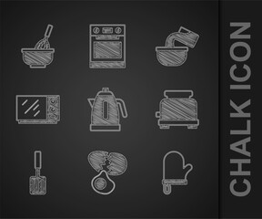 Wall Mural - Set Electric kettle, Broken egg, Oven glove, Toaster, Barbecue spatula, Microwave oven, Saucepan and Kitchen whisk with bowl icon. Vector