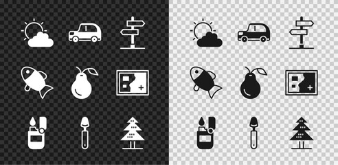 Sticker - Set Sun and cloud weather, Car, Road traffic sign, Lighter, Spoon, Tree, Fish and Pear icon. Vector