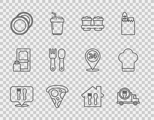 Wall Mural - Set line Cafe and restaurant location, Fast delivery by car, Coffee cup to go, Slice pizza, Plate, Fork spoon, Online ordering and Chef hat icon. Vector