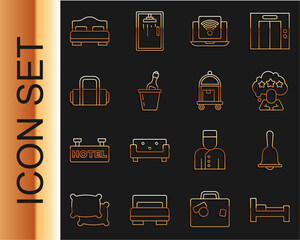 Wall Mural - Set line Hotel room bed, service bell, Five stars rating review, Wireless laptop, Champagne an bucket, Suitcase, and icon. Vector