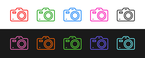 Wall Mural - Set line Photo camera icon isolated on black and white background. Foto camera. Digital photography. Vector