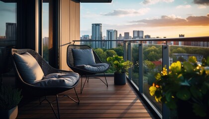 Two chairs are placed on top of a wooden floor in a modern apartment setting