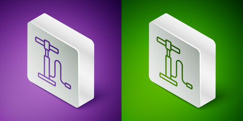 Canvas Print - Isometric line Car air pump icon isolated on purple and green background. Silver square button. Vector