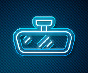 Canvas Print - Glowing neon line Car mirror icon isolated on blue background. Vector