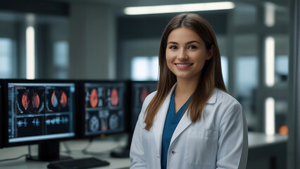 Wall Mural - Cross-Disciplinary Excellence Female Doctor Leading in High-Tech Lab