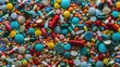 An array of multicolored pharmaceutical pills and capsules, including opioids, vitamins, and a variety of medicines, scattered across a surface, representing healthcare and medication. Generative Ai